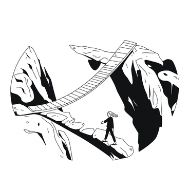A narrow bridge stretching across a deep chasm with a person hesitantly crossing it
