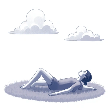 A person is lying on their back on a grassy field. The individual has their arms stretched out beside them and appears relaxed. They are gazing up at a sky filled with fluffy clouds, some clouds are large and billowy, while others are smaller and wispy. The grass is lush and textured, with individual blades clearly visible, creating a vibrant contrast against the soft shapes of the clouds above. The overall scene conveys a sense of tranquility and connection with nature.