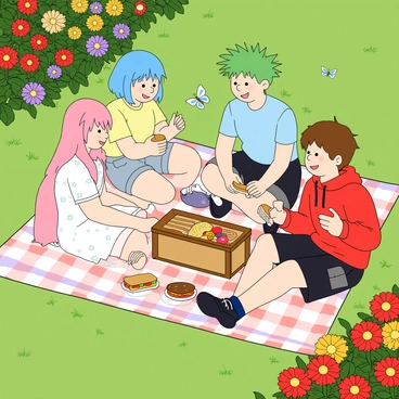 A group of four anime friends, two girls and two boys, are sitting on a colorful picnic blanket spread out on the grass. The first girl has long pink hair and is wearing a white dress with a floral pattern. The second girl has short blue hair and is dressed in a yellow t-shirt and denim shorts. One of the boys has spiky green hair and is wearing a light blue shirt and black pants, while the other boy has wavy brown hair and is clad in a red hoodie and cargo shorts. They are joyfully sharing a variety of food items like sandwiches, fruits, and snacks, with a picnic basket nearby. The park around them is vibrant and filled with blooming flowers of various colors, including red, yellow, and purple, creating a lively and cheerful atmosphere. Butterflies flutter around the scene, adding to the playful nature of the picnic.