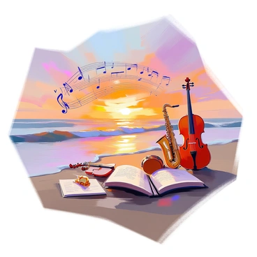 An image showcasing a picturesque beach at sunset, with vibrant hues of orange, pink, and purple in the sky. The gentle waves are lapping against the shore, and in the foreground, a collection of illustrated musical notes and various musical instruments, such as a guitar, a saxophone, and a violin, appear to flow organically out from the photograph. The instruments and notes are intermingling with the colors of the sunset, creating a harmonious blend of music and nature, as if the scene itself is producing a melody.