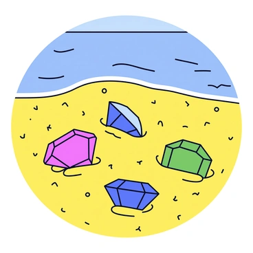 A collection of colorful jewels partially buried in golden sand. The jewels include a red ruby, a blue sapphire, and a green emerald, all glistening under the bright sunlight. The golden sand has fine grains, creating a smooth surface around the jewels. In the background, gentle waves can be seen lapping at the shore, adding a sense of tranquility to the scene. The blue sky above complements the vibrant colors of the jewels and the warm tones of the sand.