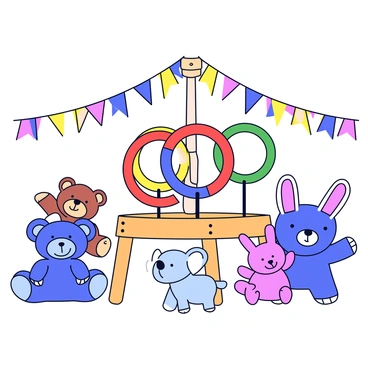 A classic ring toss game set up with a wooden stand. The game features several colorful rings in red, blue, yellow, and green. Each ring is circular in shape and has a shiny surface. Surrounding the stand are plush prizes, including a large teddy bear, a bright blue elephant, and a pink bunny. The prizes are soft and have cheerful expressions, enticing players to win them. The game area is decorated with banners in vibrant colors, enhancing the playful atmosphere.