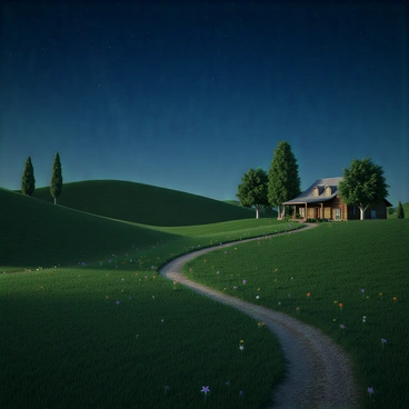 A tranquil countryside scene features rolling green hills and a winding dirt path. The landscape is dotted with scattered wildflowers in vibrant colors. In the background, there is a rustic wooden farmhouse with a porch, illuminated softly by the moonlight. A few tall trees frame the scene, their leaves rustling gently in the light breeze. The sky above is a deep shade of blue, filled with countless twinkling stars that cast a gentle glow over the serene setting.
