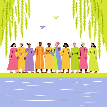 A choir of diverse singers stands on the banks of a gently flowing river. The singers are dressed in colorful robes, and their expressions reflect joy and harmony as they sing. Lush green willow trees with long, sweeping branches surround them, their leaves lightly swaying in the breeze. The water of the river sparkles in the sunlight, creating reflections that dance across the surface. A few birds can be seen flying overhead, adding to the lively atmosphere of the scene.