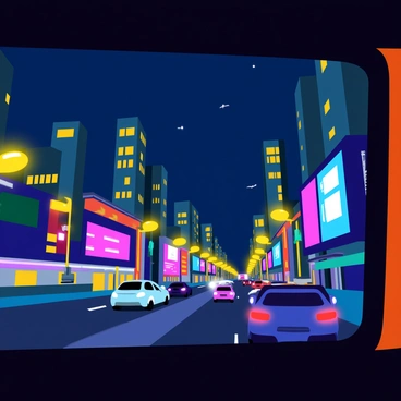 A vibrant cityscape glowing at night, with brightly lit skyscrapers and colorful neon signs illuminating the scene. The view is framed by the bus window, which has raindrops running down the glass, creating a blurred effect. Streetlights cast warm yellow light on the bustling streets below, where cars and pedestrians are in motion. The sky is a deep navy blue, dotted with a few stars peeking through. The city appears lively and full of energy, with reflections of the lights shimmering on the wet pavement.