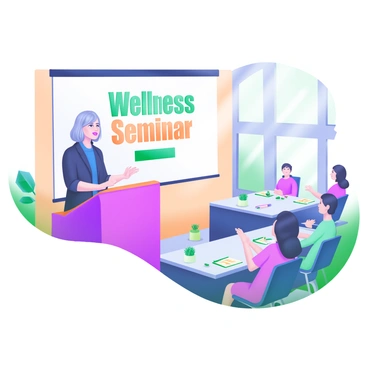 A modern pastel illustration depicting a trainer standing confidently at a podium, delivering an engaging presentation. The trainer is a middle-aged woman with shoulder-length hair, wearing a professional outfit. In front of her is a large screen displaying the words "Wellness Seminar" in bold, inviting letters. Surrounding the podium are attendees sitting at tables, attentively listening and taking notes. The community center features bright walls and natural light streaming through large windows, creating a welcoming atmosphere. On the tables, there are notebooks, pens, and small plants adding to the decor.