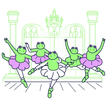 A group of frogs wearing colorful tutus is practicing ballet in a dance studio with ornate features. The frogs are positioned in various ballet poses, some are in mid-leap while others are holding their stance with grace. The floor is made of polished wood, reflecting their movements as they leap. Surrounding them are large, arched windows with intricate designs, allowing natural light to flood the room. The walls are adorned with framed mirrors that capture the frogs in motion. In the background, there are decorative columns and elegant chandeliers hanging from the ceiling, adding to the grand atmosphere of the studio.