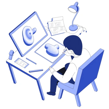 An illustrator is focused on a digital tablet, using a stylus to create a 3D model of a human organ. The tablet display shows a detailed rendering of the organ, with intricate textures and anatomical features. The workspace around the illustrator is organized, with reference materials and sketches laid out. A comfortable chair supports the illustrator as they lean forward, concentrating on their work. There are tools and accessories nearby, such as a light source and additional tablets for research.