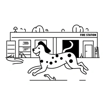 A dalmatian with distinct black spots is running energetically in a fire station yard. The dog has its tongue out and a happy expression as it moves. The yard is surrounded by the fire station building, which features large garage doors and a sign that reads "FIRE STATION." There are various firefighting equipment and tools scattered around, including a hose and a ladder. The background shows trees and a clear sky above the station.
