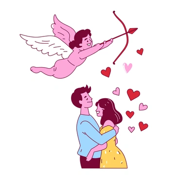 A cartoonish Cupid aiming an arrow of love at a couple