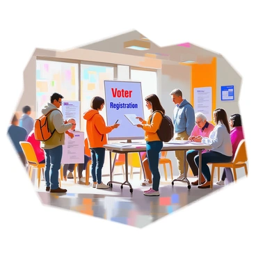A community center interior bustling with activity as several individuals register to vote at a booth. The booth is prominently placed, featuring a large sign that reads "Voter Registration". A diverse group of people, including a middle-aged woman with glasses, a young man with a backpack, and an elderly couple, are filling out forms and engaging in conversation with volunteers. The room is decorated with posters promoting civic engagement and displaying information about upcoming elections. Tables are set up with pamphlets and ballots, while a few others are seated nearby, discussing their voting plans. The overall atmosphere is lively and focused on participation in the democratic process.