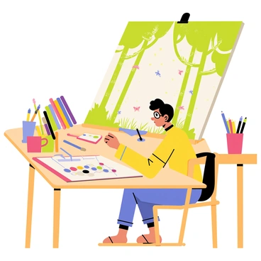 An illustrator sitting at a wooden desk covered with various art supplies including colorful markers, brushes, and sketchbooks. The illustrator, focused and wearing glasses, is drawing a magical forest scene on a large sheet of paper. The forest in the drawing features tall, whimsical trees with vibrant green leaves and multicolored flowers. Tiny fairies with delicate wings flit among the branches. Sunlight filters through the canopy, creating a dappled light effect. A cup filled with pencils and a palette of paints sits beside the illustrator on the desk.