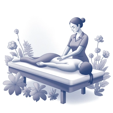 A person lies comfortably on a massage table surrounded by lush greenery. The garden features various types of flowers, each with distinct shapes and sizes, creating a natural border around the scene. Soft, dappled sunlight filters through the leaves above, casting gentle shadows on the ground. A therapist, focused and attentive, uses their hands to apply soothing techniques on the client's back. The atmosphere conveys relaxation and peace, enhanced by the presence of serene plants and the sound of rustling leaves.
