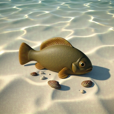 A flounder with a flat, oval-shaped body resting on the sandy ocean floor. Its skin has a mottled pattern of browns and greens, allowing it to blend seamlessly with its environment. Surrounding the flounder are various small seashells, some partially buried in the sand, while others are scattered around. Sunlight filters through the water, creating dappled light patterns on the ocean floor, enhancing the sense of depth and tranquility in the scene.