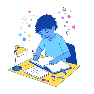 A blue child is sitting at a yellow desk, focused on writing a story in a white notebook. The notebook is open, and the child is using a colorful pencil. Surrounding the child are various colorful doodles, including stars, hearts, and flowers, adding a playful atmosphere to the scene. The desk has a few scattered crayons and a small yellow lamp providing light. The child's expression shows concentration and joy as they immerse themselves in their creative writing.
