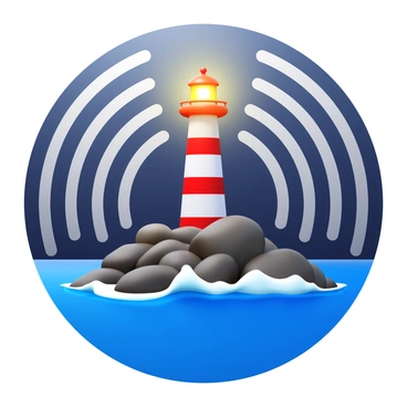 A lighthouse on a rocky coast, standing tall with a white and red striped exterior. The light from the top of the lighthouse is shining brightly, illuminating the dark sky. Concentric sound waves are radiating outward from the base of the lighthouse, depicted in a series of gradually expanding circles. The rocky coast is rugged, with large boulders and crashing waves at the shoreline. The scene conveys a sense of isolation and guidance amidst the turbulent sea.
