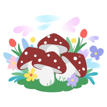 A cluster of shiitake mushrooms is growing on the ground in a sunny garden. The mushrooms have brown caps with white spots and are nestled among vibrant green grass. Surrounding them are various colorful flowers, including red tulips, yellow daisies, and purple pansies, creating a lively atmosphere. Soft sunlight filters through the leaves of nearby plants, casting gentle shadows on the ground.