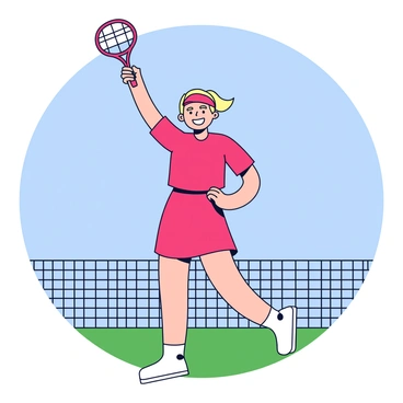 A tennis player wearing a bright red sports outfit is celebrating a victory. The player has a wide smile on their face, showing excitement and joy. They are raising a tennis racket above their head with one hand. The racket is held high against a clear blue sky. The player stands on a green tennis court, and there is a net visible in the background.
