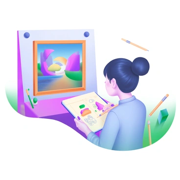 A character looking at a famous painting but drawing it completely differently in their sketchbook.