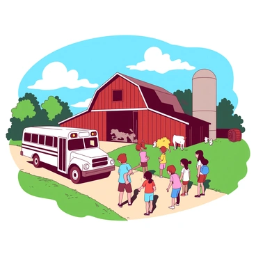 A white school bus is parked on a dirt road near a green farm. In front of the barn, a group of students is gathered, wearing colorful clothes as they excitedly explore the farm's surroundings. Some students are peering into the open barn doors, while others are examining the nearby animals. The barn is painted red and has a rustic appearance, with hay scattered around. A blue sky with fluffy white clouds completes the scene, while the sun casts bright shadows on the ground.