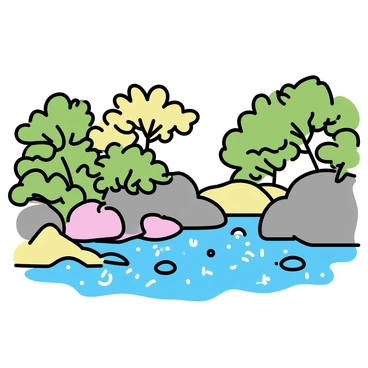 A hidden cove with clear sparkling waters, revealing the ocean floor underneath. Smooth, colorful rocks of various shapes and sizes line the shore, some partially submerged in the water. Lush greenery surrounds the cove, providing a backdrop of vibrant foliage. The scene is illuminated by soft sunlight filtering through the trees, casting gentle shadows on the ground.