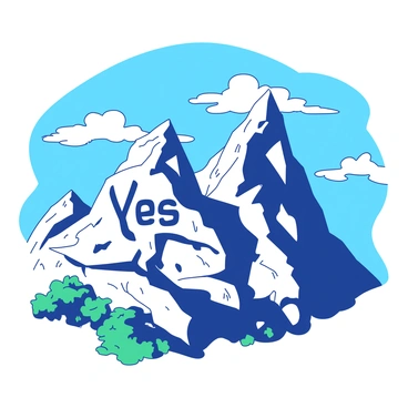 Two rugged mountain peaks rise sharply against the sky. The first peak has the word "Yes" intricately carved into its rocky surface, the letters bold and clearly visible. The second peak stands tall nearby, featuring the word "No" chiseled into its craggy side, contrasting with the first peak. The surroundings include steep slopes and patches of green vegetation. The sky above is a vibrant blue with a scattering of white clouds.