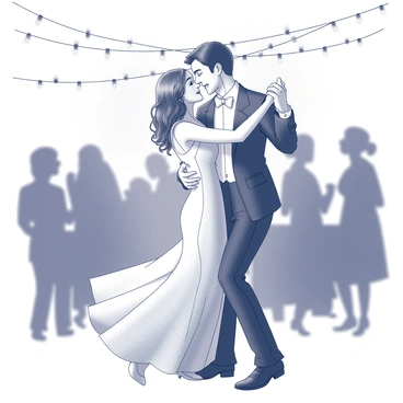 A couple is engaged in their first dance. The man is dressed in a formal suit, while the woman wears an elegant gown that flows gracefully around her. They are positioned closely together, with the woman’s hands resting on the man's shoulders and his hands placed gently on her waist. Soft twinkling fairy lights are strung above them, creating a magical ambiance. The background is filled with blurred silhouettes of guests, capturing the intimate atmosphere of the moment. The couple's expressions convey joy and tenderness as they share this special experience.