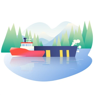 A small, sturdy tugboat with a red hull and a white cabin is positioned at the front, guiding a large oil barge in the foreground. The oil barge is dark blue with yellow stripes along its side, floating on the narrow, winding waters that reflect the soft colors of the sky. The tugboat is emitting a gentle spray of water from its rear, creating ripples in the calm water. Surrounding the waterways are tall, green trees lining the banks, and a faint outline of distant mountains is visible in the background under a clear blue sky. The scene captures the close maneuvering of the tugboat and barge through the serene navigation route.