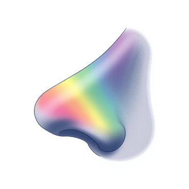 A close-up view of a human nose, prominently featured in the center of the image. The bridge of the nose is adorned with "vibrant rainbow colors" that are artistically blended. These colors create a smooth gradient effect, sweeping elegantly across the bridge. The nostrils are clearly defined, and the surrounding skin shows natural texture and detail. The lighting highlights the unique colors, enhancing the overall visual impact of the nose.