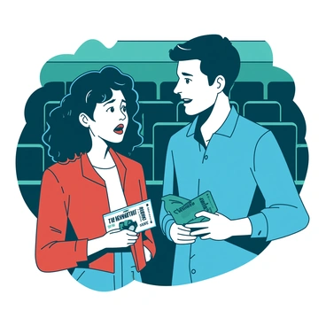 A teal cinema ticket displays the title of the movie "The Great Adventure" prominently at the top. In the foreground, two individuals are standing side by side, each holding their own ticket. One person is a woman with curly hair wearing a red jacket, while the other is a man with short hair dressed in a blue shirt. Both look surprised as they glance at each other, realizing they have purchased tickets for the same seat. The dim lighting of the cinema casts soft shadows around them, with rows of empty seats visible in the background.