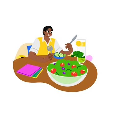 A person sitting at a wooden dining table, enjoying a vibrant salad in a large, clear bowl. The salad is composed of bright green lettuce, cherry tomatoes, red bell peppers, cucumbers, and purple onions, all arranged in a visually appealing manner. The person is fork in hand, leaning slightly towards the bowl with a satisfied expression. A glass of lemon-infused water sits next to the salad, reflecting natural light, enhancing the freshness of the meal. Colorful napkins are folded neatly beside the bowl, adding to the inviting atmosphere of the table.