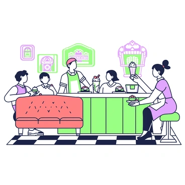 A classic 1950s diner interior is bustling with activity. In the center, a red vinyl booth is occupied by two patrons, a man and a woman, who are sharing a large milkshake topped with whipped cream and cherries. Across from them, a waitress with a white apron and a pink headband is taking an order from another couple seated at a table. The counter is lined with stools, where two men are enjoying their burgers, each placed on a paper plate. On the walls, there are retro posters featuring classic cars and jukeboxes. The floor is checkered, adding to the diner’s nostalgic ambiance. A neon sign in the background glows brightly, adding to the lively atmosphere.