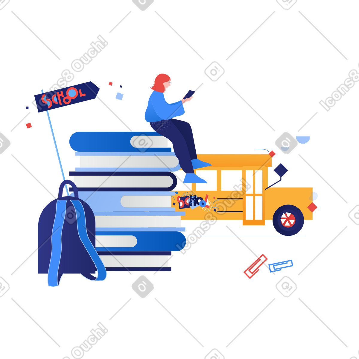 Female student with textbooks and backpack waiting for school bus illustration in Clip style download in PNG, SVG