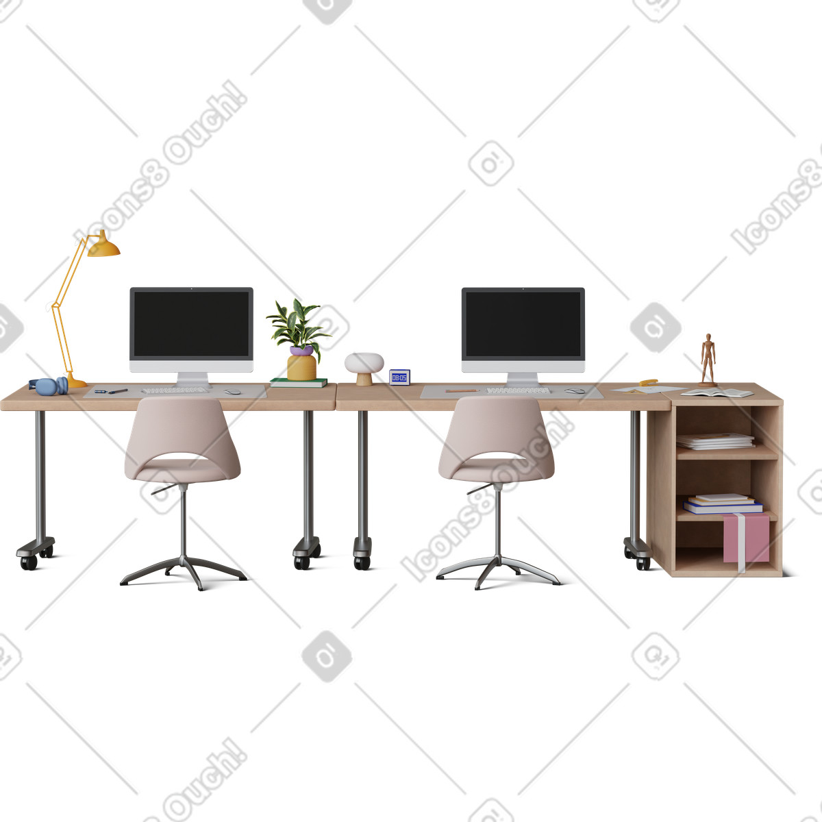 Front view of an art studio desk illustration featuring office style clipart in PNG SVG GIF