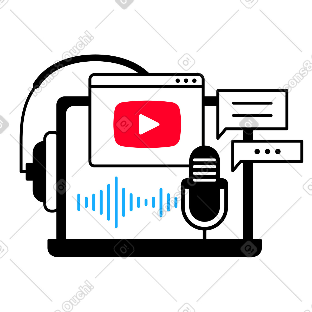 Ilustração animada de Gravando um podcast no laptop em estilo Transistor para baixar em GIF, Lottie (JSON), AE