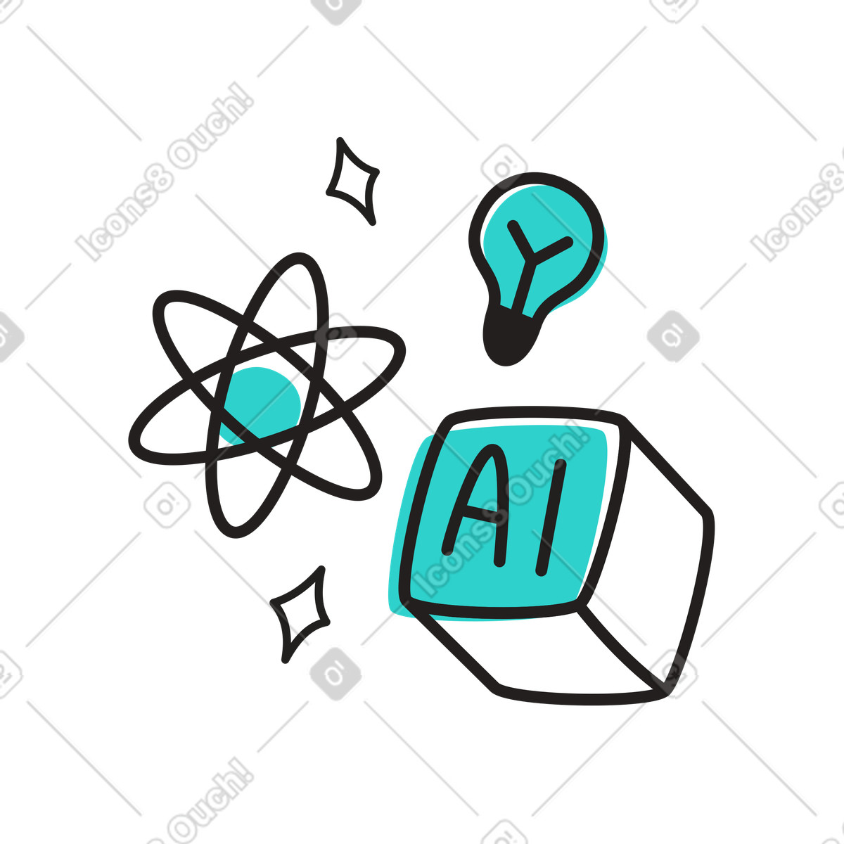 AI block, atom and lightbulb, Scientific developments in artificial intelligence illustration in PNG, SVG