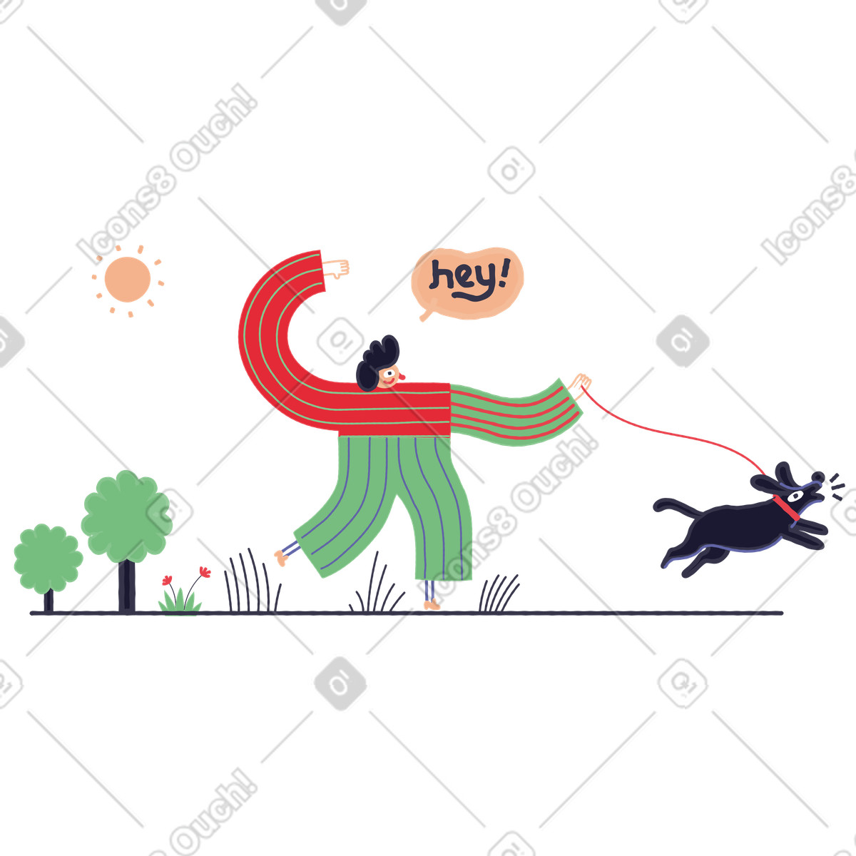 Donna che porta a spasso il suo cane all'aperto illustrazione in stile Stripy scarica in PNG, SVG
