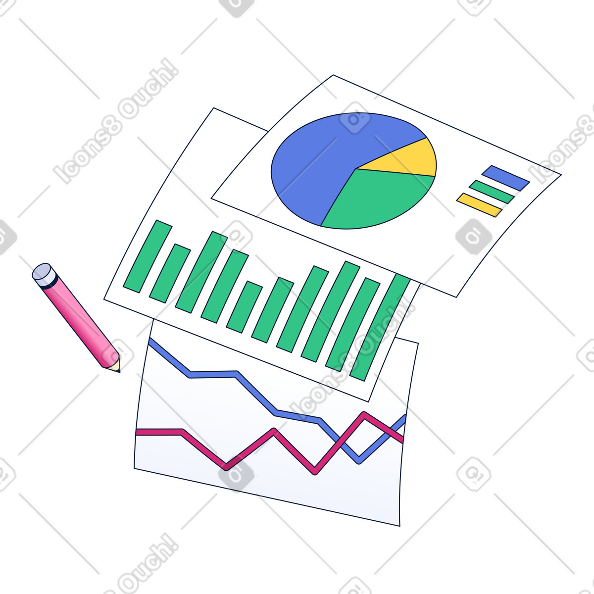 Reports with pie, bar, and line charts, Data visualization and analytics illustration in PNG, SVG