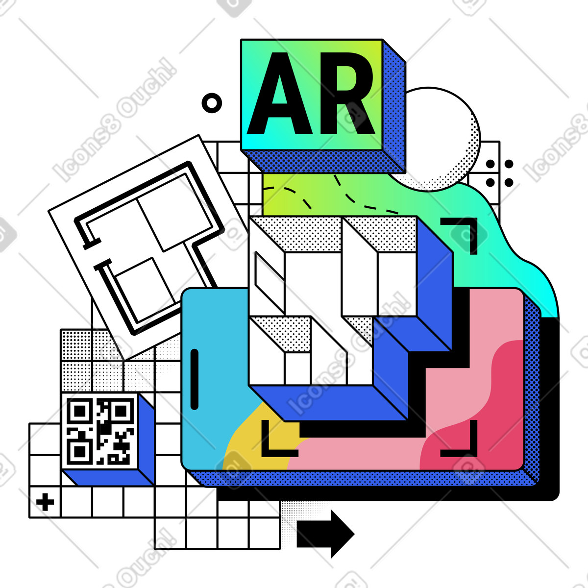 App ar per il design della casa con planimetria illustrazione in stile Memphis scarica in PNG, SVG