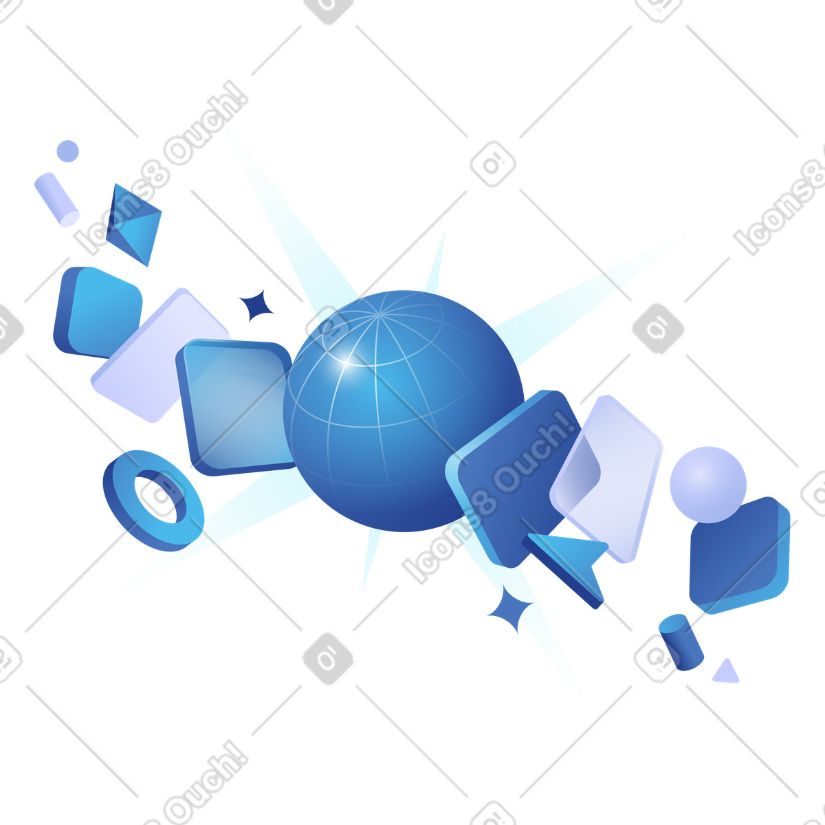 Online network, Digital transformation, Blue 3d globe with geometric objects illustration in Quantum style download in PNG, SVG
