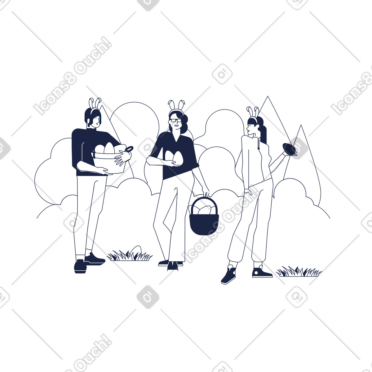 Friends collecting eggs in park, Easter egg hunt party and festive activity illustrazione stile Urban Line scarica PNG, SVG