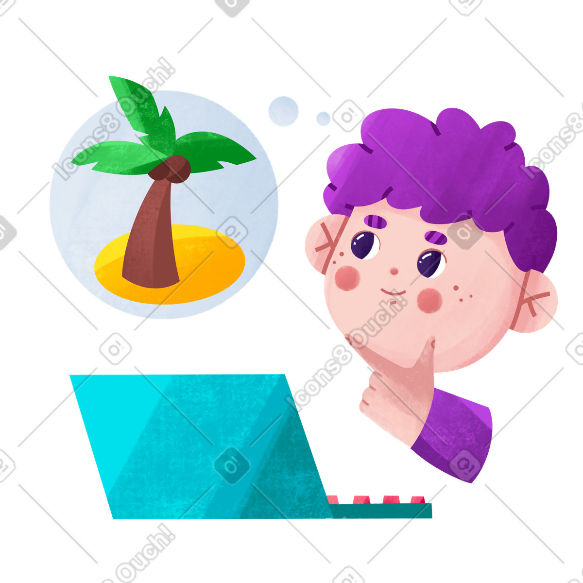 Bonbon スタイルの Employee fantasizing about palm tree island, Vacation motivation, Work-life balance のイラストをPNG、SVG形式でダウンロード