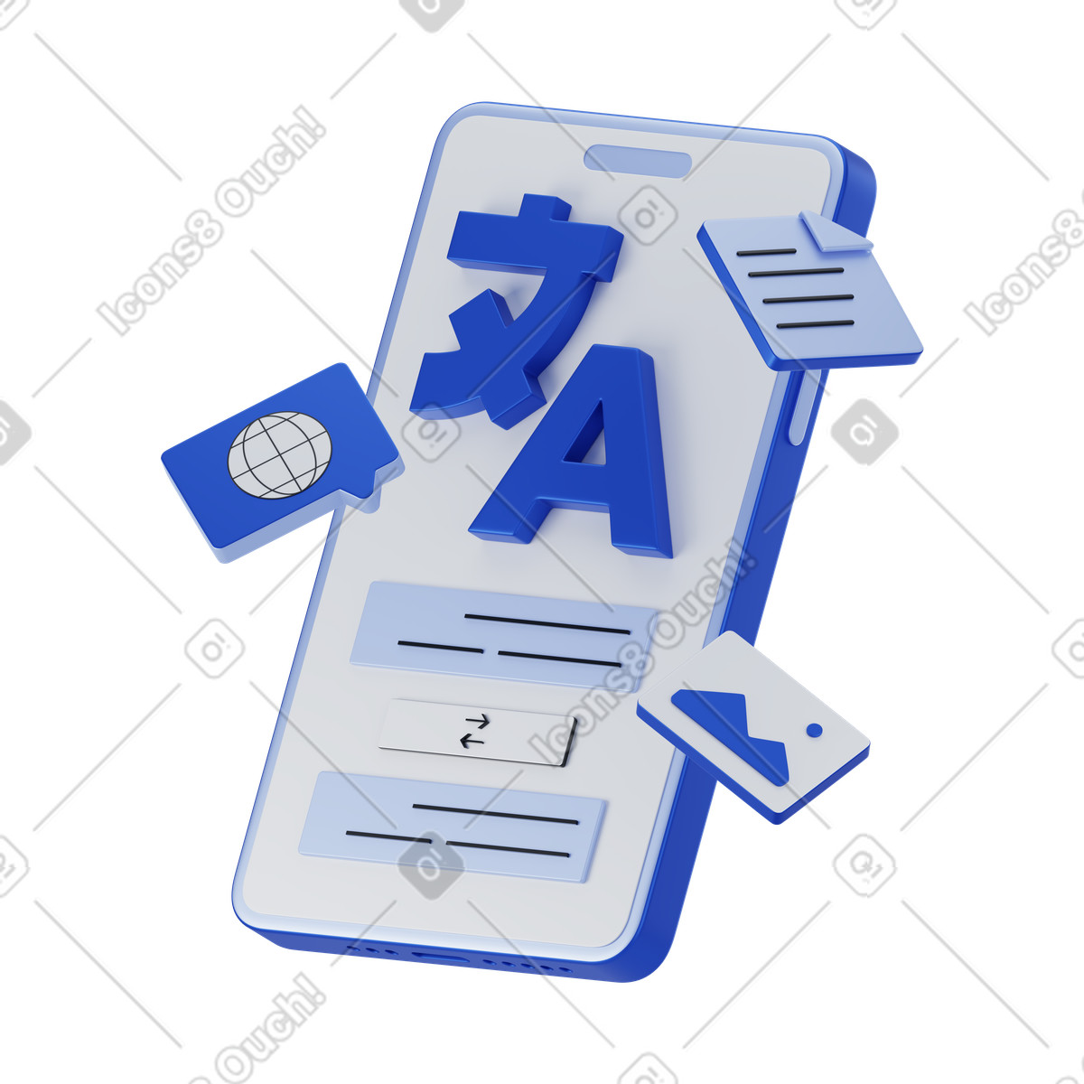 Smartphone with online translation app animated illustration in 3D Techny style download in GIF, Lottie (JSON), AE