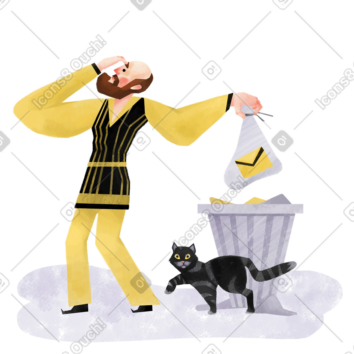Man and cat putting trash into bin illustration in Family style download in PNG, SVG
