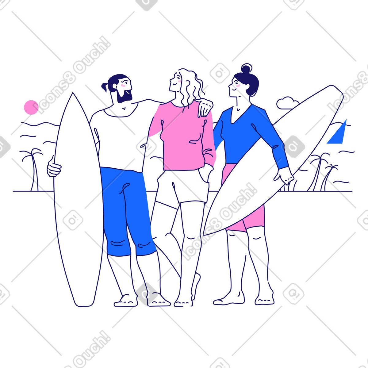 Gli amici si sono riuniti per fare surf sul mare illustrazione in stile Matey scarica in PNG, SVG