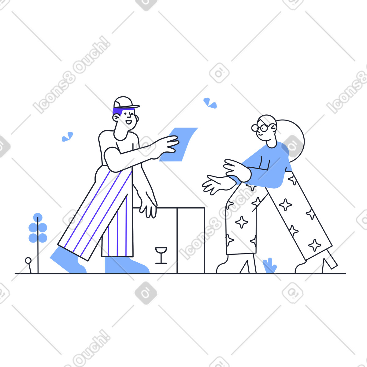 Fattorino con documenti in mano pronto a passare il pacco alla donna illustrazione stile Pablita scarica PNG, SVG
