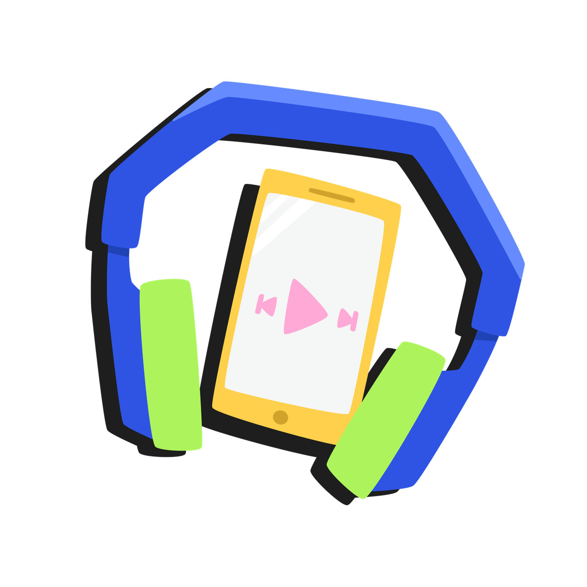 Phone with player buttons on the screen and headphones illustration in Bouncy style download in PNG, SVG