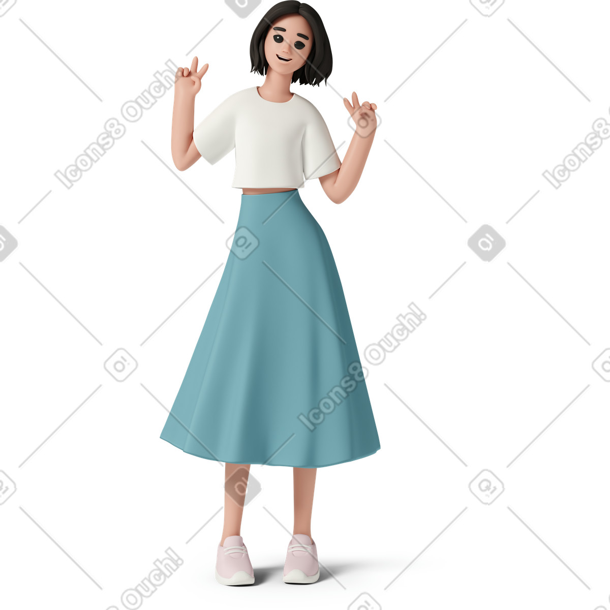 下载 3D Casual life 风格的 Girl showing peace sign 插画，支持 PNG、SVG 格式