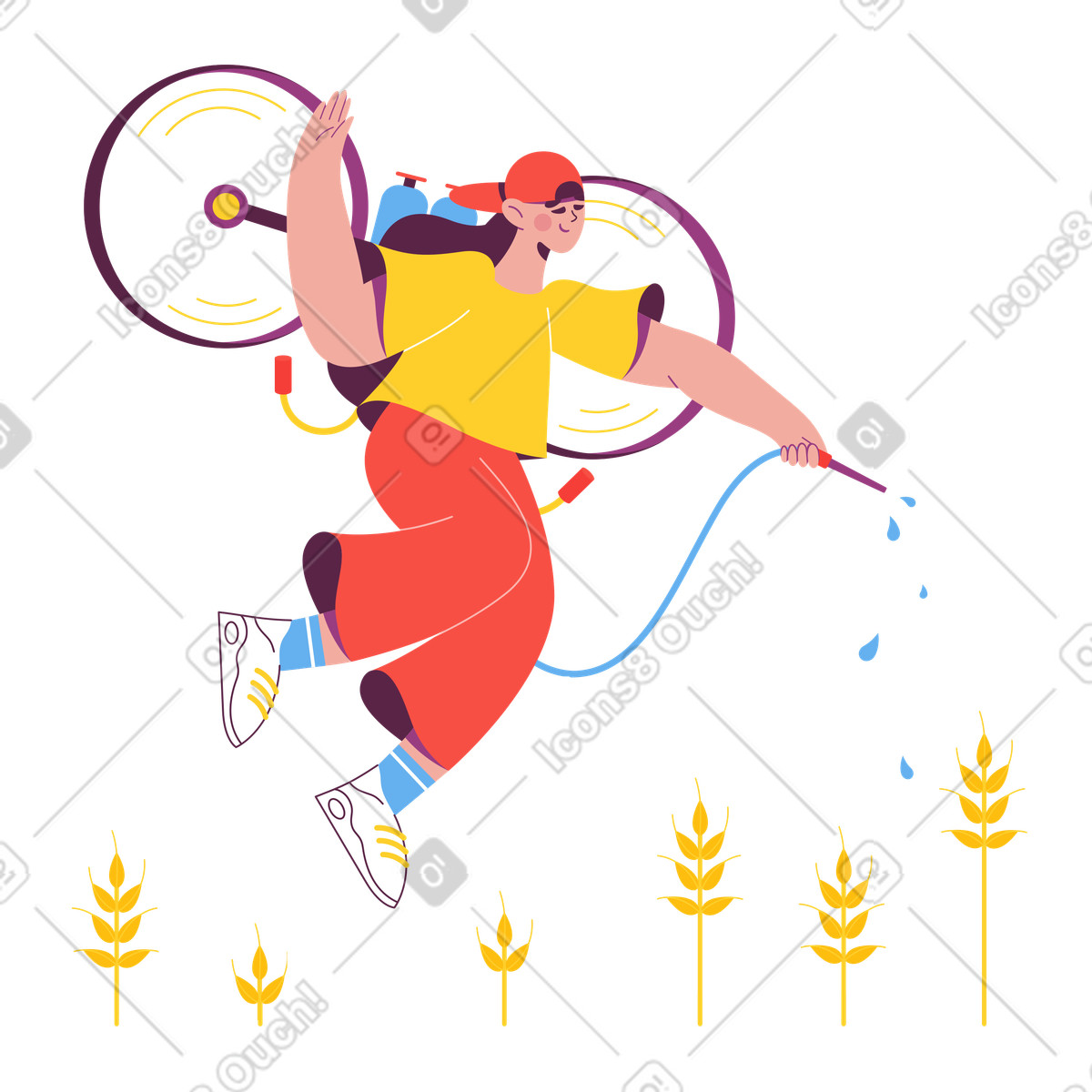 Donna con il jet pack che innaffia le piante illustrazione in stile Sammy scarica in PNG, SVG