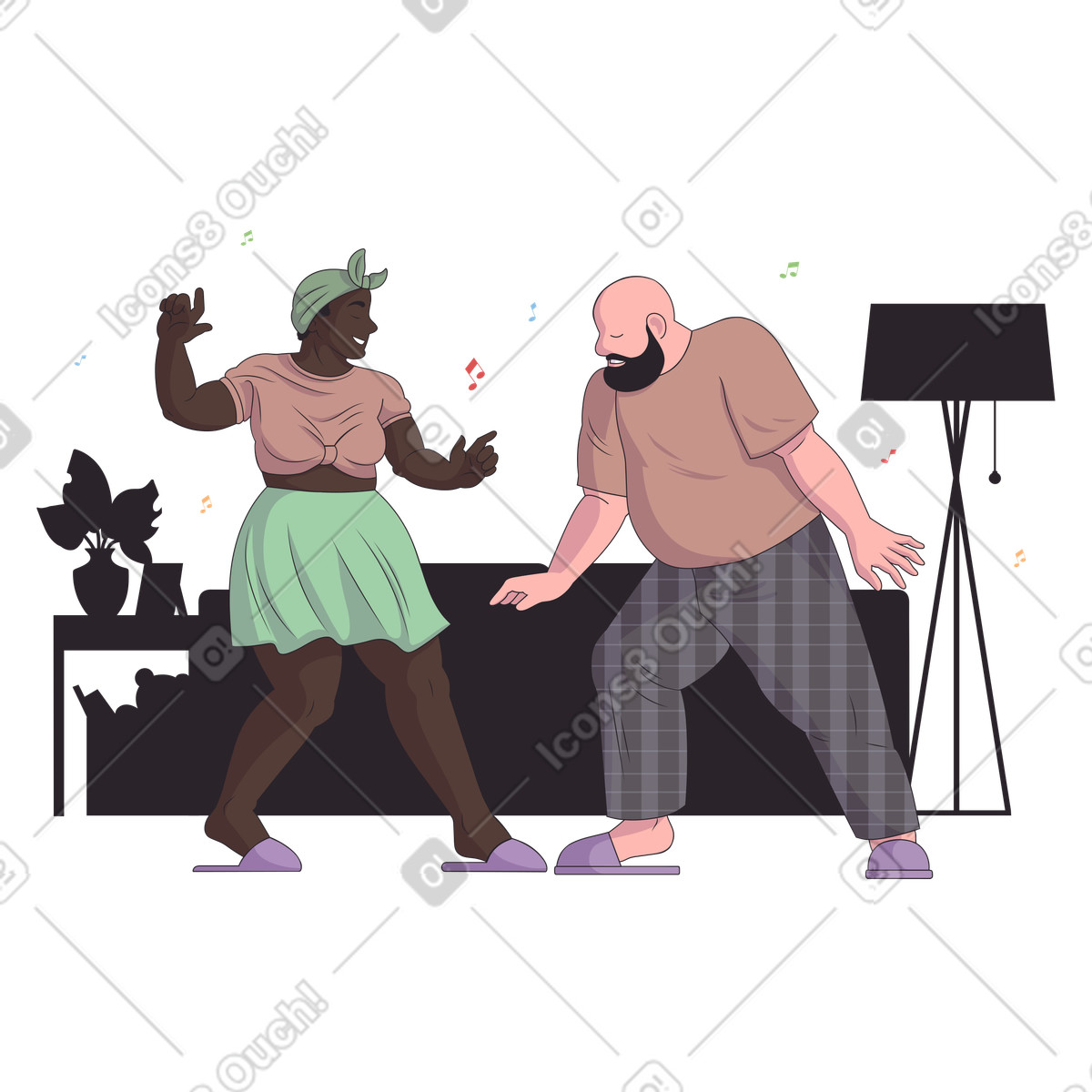 Donna e uomo che ballano insieme a casa illustrazione in stile Eastwood scarica in PNG, SVG